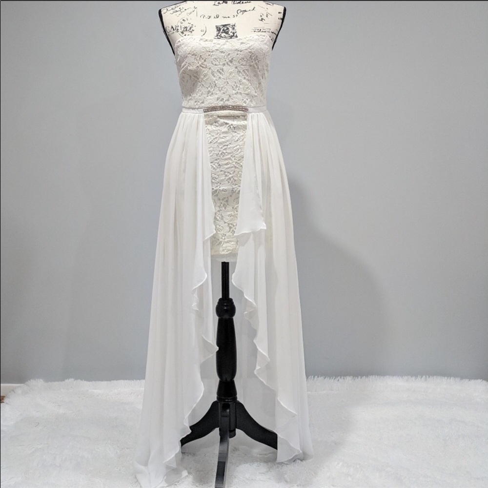 White strapless lace jeweled dress